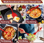 P&P CHEF Kitchen Utensil Set, 4 Pieces Non-stick Silicone Cooking Utensils, Heat-resistant Slotted Solid Spoon Turner for Frying, Mixing, Serving, Non-toxic & Easy to Clean, Red