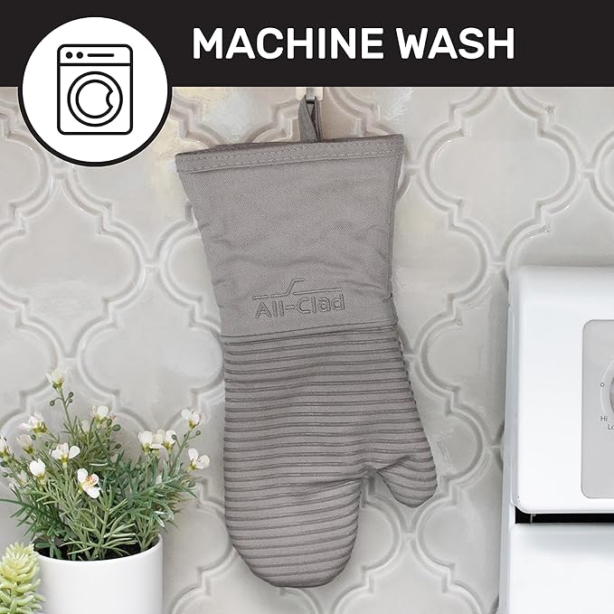 All-Clad Silicone Oven Mitts: Heat Resistant up to 500 Degrees - 100% Cotton & Silicone, 14"x7" Oven Mitt for Kitchen and Barbeque, 2-Pack, Titanium