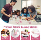 E-far Silicone Cooking Utensils Set, 25 Piece Kitchen Utensils with Holder, Non Toxic Kitchen Tools Spatula, Turner, Spoon, Ladle for Nonstick Cookware, Heat Resistant & Dishwasher Safe - Pink