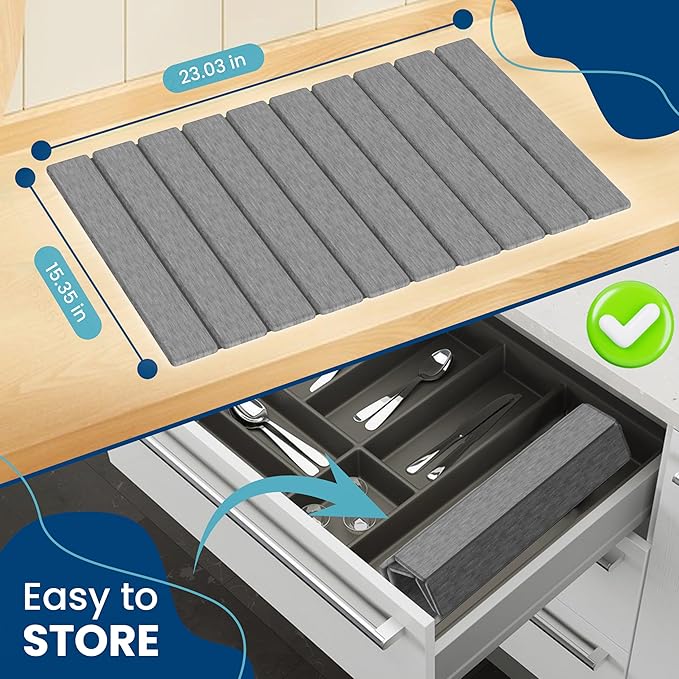 Stone Drying Mat for Kitchen Counter W/ Tote Bag, Large Stone Dish Drying Mat Foldable, Absorbent Diatomaceous Quick Dry Stone Mat Kitchen Dishes Bottles Cups Bathroom Any Countertop 23" x 15.3"