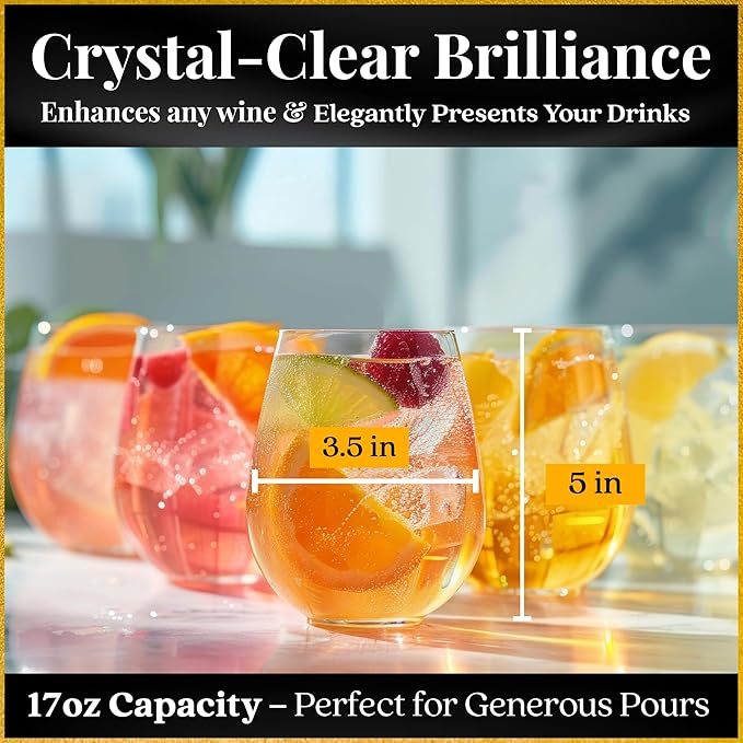 Voted New York Times Best Stemless Glass 2017, Elegant, Thin, European-Made,100% Lead-Free Crystalline Stemless Wine Glasses, Set of 6, 17 Fl Oz, Perfect for Sprits, Cocktails, Water, and Smoothies