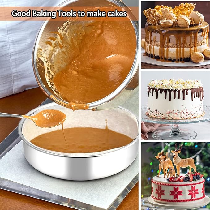 P&P CHEF Cake Pan Set of 4, Stainless Steel Baking Round Cake Pans Tins Bakeware for Birthday Wedding, Leak-proof & Easy Clean, Mirror Finish & Easy Releasing, 8 Inch