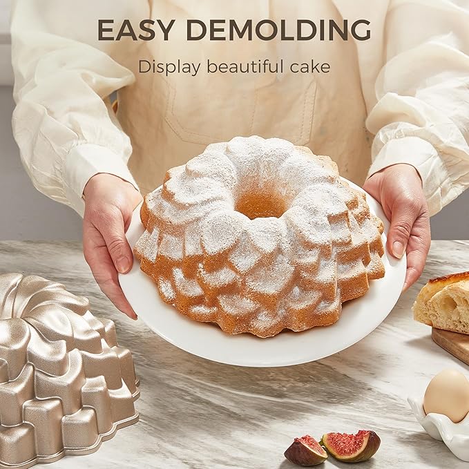 KITESSENSU Blossom Cake Pan, Nonstick Cast Aluminum bunt pan, 9.84” Fluted Tube Pan for Baking Unique Cake, 10 Cup Moldes para Pasteles, Cake Pans for Baking, High-Heat Resistant, Easy to Clean