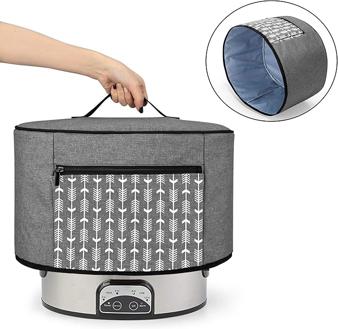 YARWO Slow Cooker Dust Cover Compatible for Crock Pot and Hamilton Beach 6-8 qt Slow Cooker, Dust Free Cover with Zipper Pocket and Wipe Clean Liner, Gray with Arrow