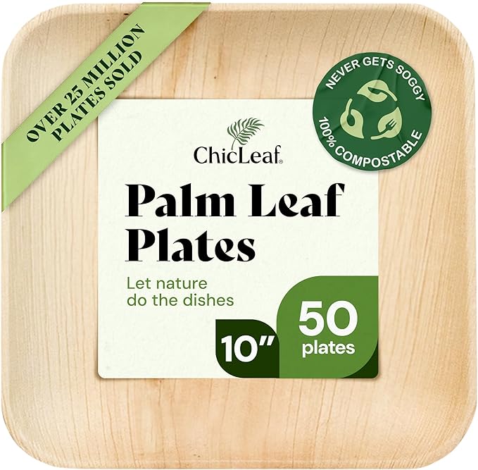 Chic Leaf Square Palm Leaf Disposable Paper Plates - 10 In, Pack of 50 - Eco Friendly Biodegradable & Compostable Dinner Plates - Microwave Safe Party Supply Pack for Weddings & Events