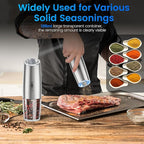 Rechargeable Gravity Electric Salt and Pepper Grinder Set with LED Light, Type-C Fast Charging, Adjustable Coarseness, Large Capacity Grinder for Kitchen & Outdoor, (2 Pack-Stainless Steel)