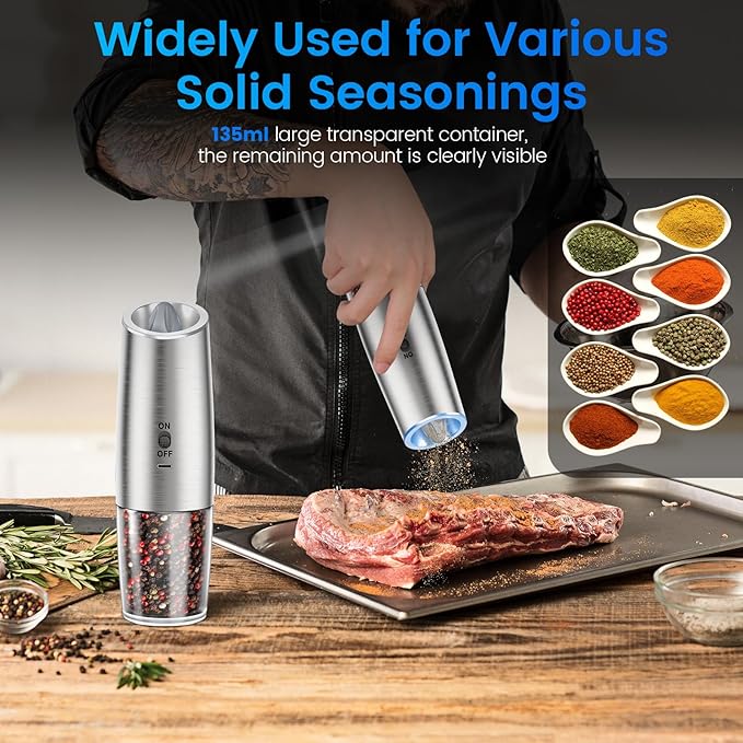 Rechargeable Gravity Electric Salt and Pepper Grinder Set with LED Light, Type-C Fast Charging, Adjustable Coarseness, Large Capacity Grinder for Kitchen & Outdoor, (2 Pack-Stainless Steel)