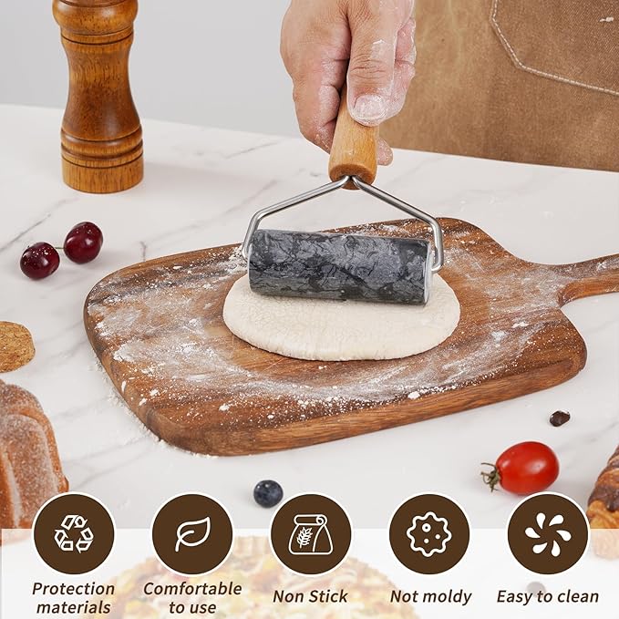 Small Marble Rolling Pin Pizza Roller with Dough Scraper Cutter, Marble Roller Non-Stick T-Type, For Cake Baking Tortilla Fudge Pizza Cookies and Other Kitchen Baking Cooking (Black).