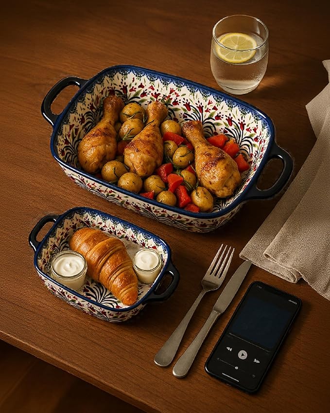 Ceramic Baking Dish Set of 2 – Decorative Polish Pottery Style Casserole Dishes with Handles, Cute Oven-Safe Lasagna Bakeware Gift Set