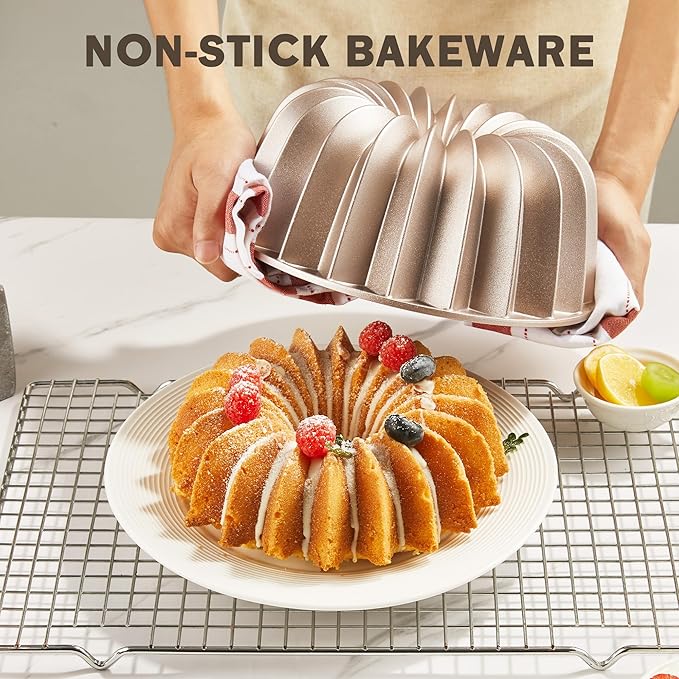 KITESSENSU Non-Stick Cake Pan, 9.5-Inch Aluminum Cake Mold, 10 Cup Fluted Heavy Duty Tube Pan, Durable Rust & Scratch-Resistant, Baking Mold for Jello, Gelatin, Chocoflan, Flan, French Wreath,Gold
