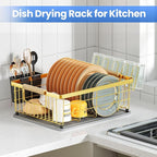 Dish Drying Rack Gold with Diatomaceous Earth 1 Tier,Multifunctional Dish Racks for Kitchen Counter Quick-Drying,Large Capacity Space Saving with Cutlery Cups Holder