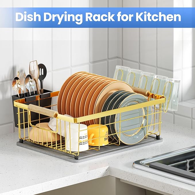 Dish Drying Rack Gold with Diatomaceous Earth 1 Tier,Multifunctional Dish Racks for Kitchen Counter Quick-Drying,Large Capacity Space Saving with Cutlery Cups Holder