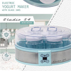Studio 54 Yogurt Maker Machine with 7 Reusable Glass Jars (6oz Each), Probiotic Greek Yogurt Maker with Precise Time & Temperature Controls, Retro Blue Digital Yogurt Maker