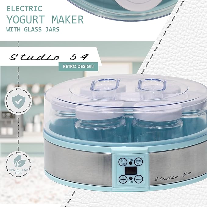 Studio 54 Yogurt Maker Machine with 7 Reusable Glass Jars (6oz Each), Probiotic Greek Yogurt Maker with Precise Time & Temperature Controls, Retro Blue Digital Yogurt Maker