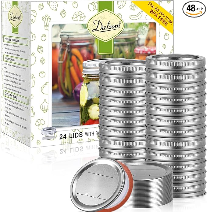 Dalzom® 48Pcs Canning Lids with Rings Wide Mouth, Premium Mason Jar Lids with Bands/Rings for Ball, Kerr Jars - Food Grade Material, 100% Fit & Airtight for Wide Mouth Mason Jars