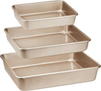 HONGBAKE Deep Baking Pans Set of 3, Nonstick Rectangle Sheet Cake Pans, 13/11/9 Inch Metal Oven Tray for Cooking Lasagna Brownie, Stackable Multi-Depth Bakeware, Golden