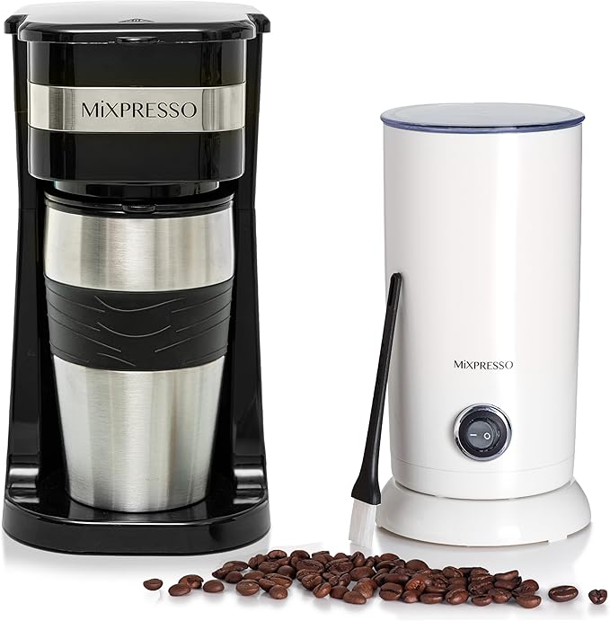 Mixpresso Personal Single-Serve Coffee Maker & 14oz Travel Mug, Drip Small Coffee Maker & Tumbler, Auto Shut Off & Reusable Filter, Compatible with Coffee Grounds Bundle With Electric Milk Frother - L
