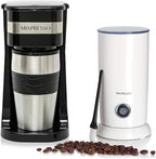 Mixpresso Personal Single-Serve Coffee Maker & 14oz Travel Mug, Drip Small Coffee Maker & Tumbler, Auto Shut Off & Reusable Filter, Compatible with Coffee Grounds Bundle With Electric Milk Frother - L