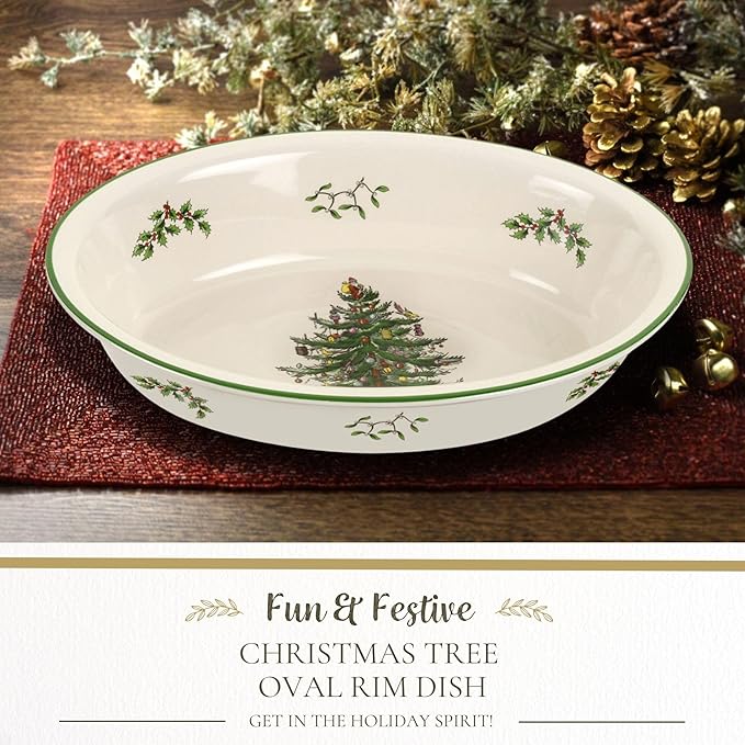 Spode Christmas Tree Oval Rim Dish (12.5" x 8.75") Festive Deep Baking Pan for Serving Vegetables, Roast Dinner, Casseroles - Fine Porcelain, Microwave, Freezer, Dishwasher Safe