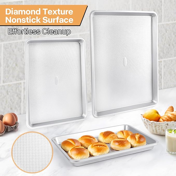 3-Piece Non-Stick Baking Sheet Set | PFOA/PFOS/PTFE-Free, 0.8mm Heavy-Duty Steel with Diamond Texture Surface | Stackable Design for Roasting, Baking & Toasting