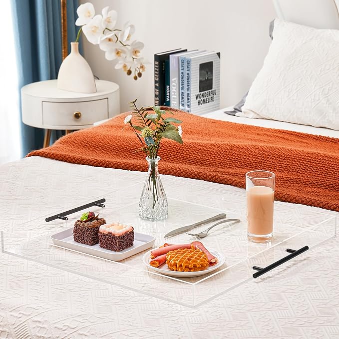 18×16 inches Oversized Clear Acrylic Ottoman Tray with Black Metal Handle and Safe Edge Extra Large Spill-Proof for Serving,Decorative King-Size Organizer Tray for Coffee Table Countertop