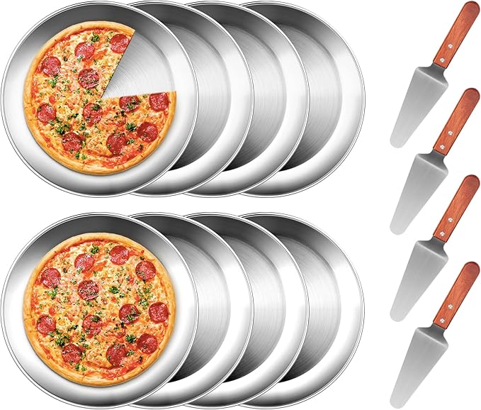 tchrules 8 Inch Pizza Pan Set of 8, Stainless Steel Pizza Tray, Round Non-Stick Coating Pizza Plate for Oven Kitchen Baking Home Restaurant, Dishwasher Safe （Silver）