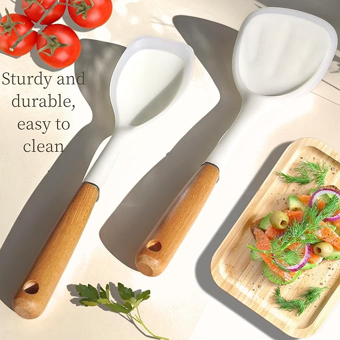 Quality Silicone Cooking Utensils Set - Non-Toxic, Heat-Resistant Kitchen Utensils Set with Food-Grade Silicone & Wood Handles - Includes Spatula & Spoon for Non-Stick Cookware, Translucent White