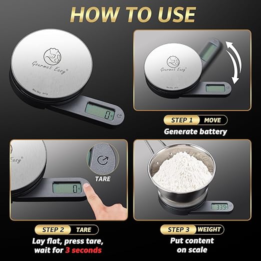 Gourmet Easy Dynamo Food Scale for Kitchen, Battery-Free Technology Kitchen Scale, Food Weight Scale, Weight in Grams & Ounces, Multifunctional Food Scale for Cooking, Baking & Meal Prep, Round