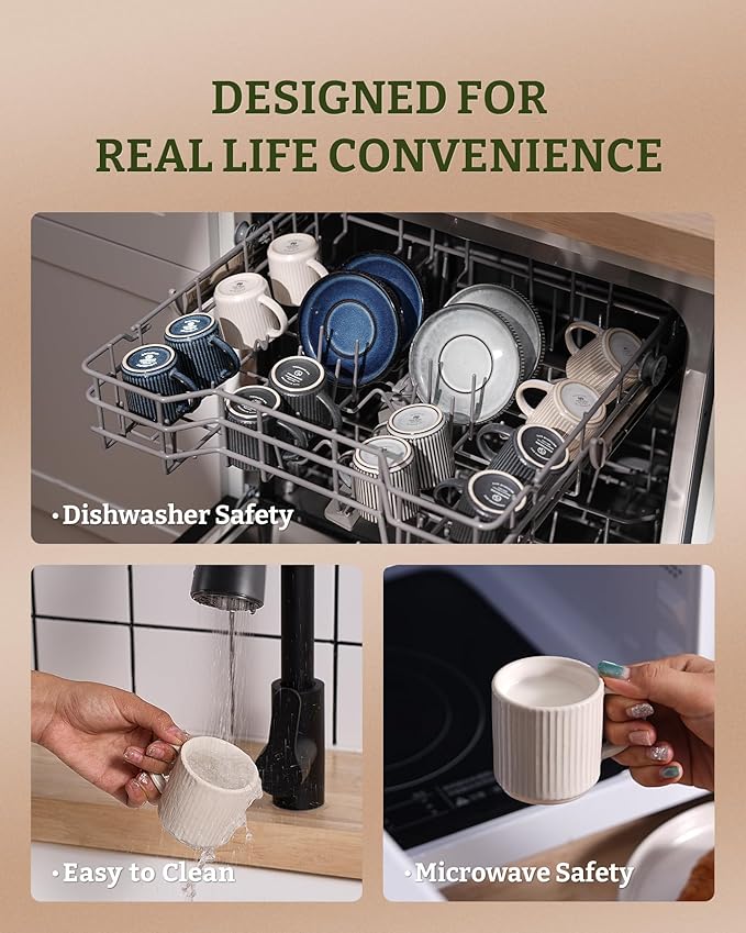 famiware Star Espresso Cups and Saucers Set of 4, [ Mini ] 3 oz Ceramic Small Coffee Mug with Handle, Ribbed Stoneware Demitasse Cup for Tea, Latte - Microwave & Dishwasher Safe - Matte White