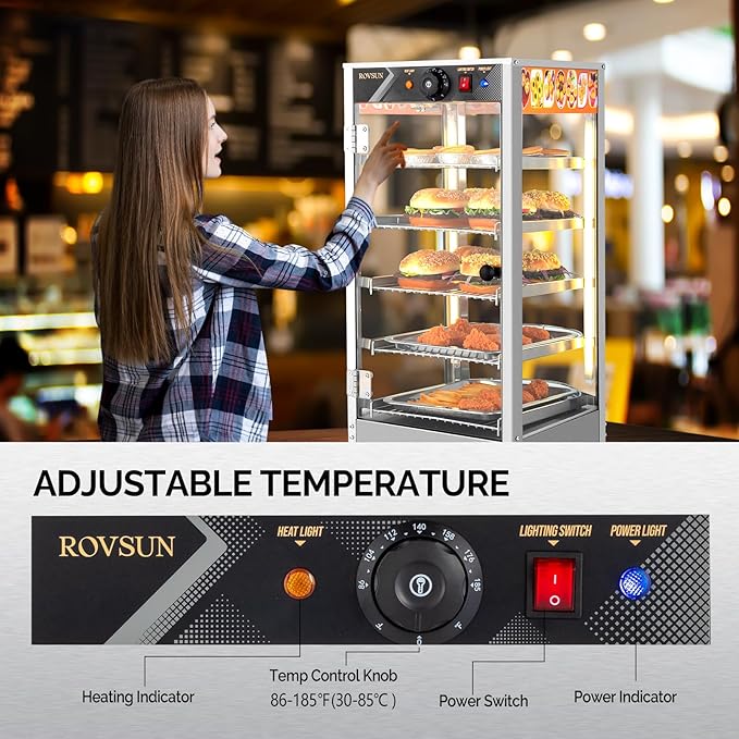 ROVSUN 5-Tier Commercial Food Warmer Pizza Warmer Countertop, Food Warmer Display with LED Lighting Removable Shelves Glass Door, Pretzel Warmer for Buffet Restaurant Cafe, 110V 800W