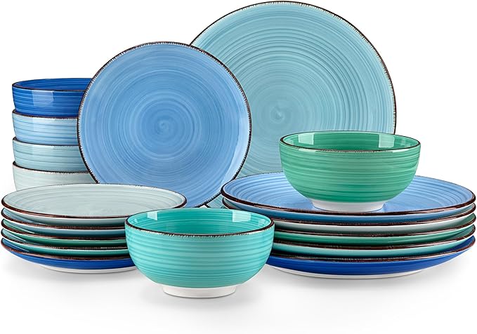vancasso Bonita Dinnerware Set Blue Stoneware 18 Pieces Service for 6, Handpainted Spirals Pattern Stoneware Plates and Bowls Set
