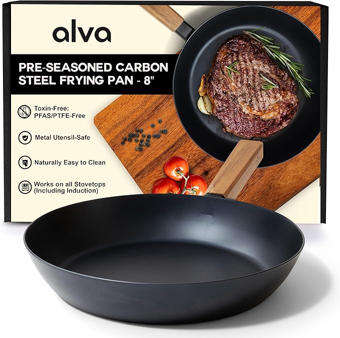 Alva Forest 8" Carbon Steel Frying Pan – Naturally Nonstick, Pre-Seasoned, with Acacia Wood Handle, Made Without PTFE, PFOA, PFAS – Sustainable Belgian Design, Induction & All-Stovetop Safe