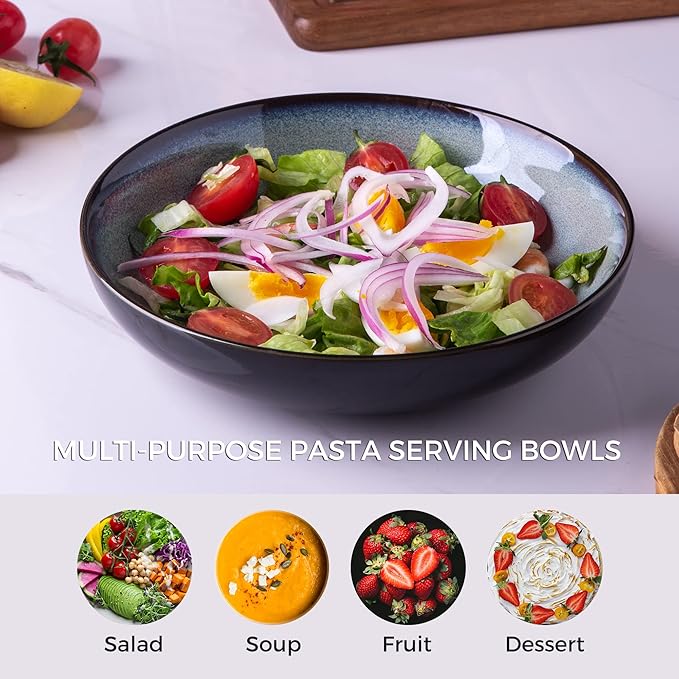 LERATIO Large Pasta Bowls,38oz Ceramic Pasta Bowls,9.0" Reactive Glaze Pasta Bowl Set of 6,Microwave & Dishwasher,Oven Safe,Wide Serving Bowls for Salad,Pasta,Fruit,Scratch Resistant-Gray White