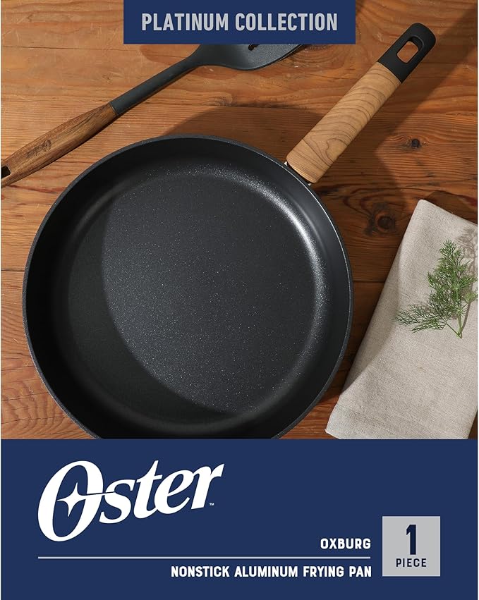 Oster Platinum Oxburg 12 Inch Frying Pan Forged Aluminum PFA Free Non-toxic Premium Ceramic Non Stick Interior Skillet, Kitchen Egg Pan, Omelet Pan - Black w/Wood Handles