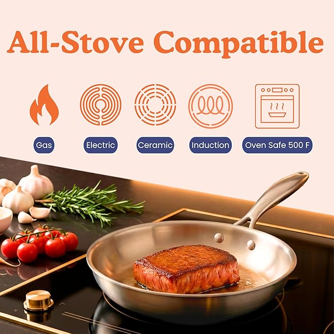 Ziruma Non-Toxic 11" Surgical Grade Stainless Steel Frying Pan, Fully Clad for Fast & Even Heat, PFOA-Free, Induction Compatible, Oven Safe to 500°F