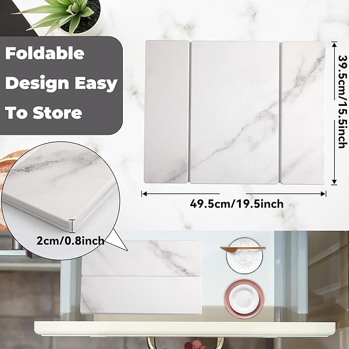 Quick Dry Collapsible Dish Drying Mat, Eco-Friendly Absorbent Diatomaceous Earth Mats for Dishes Bottles Cups 20"×16"Large Stone Dish Drying Mats for Kitchen Counter (White , 20"（L）×16"（W）)