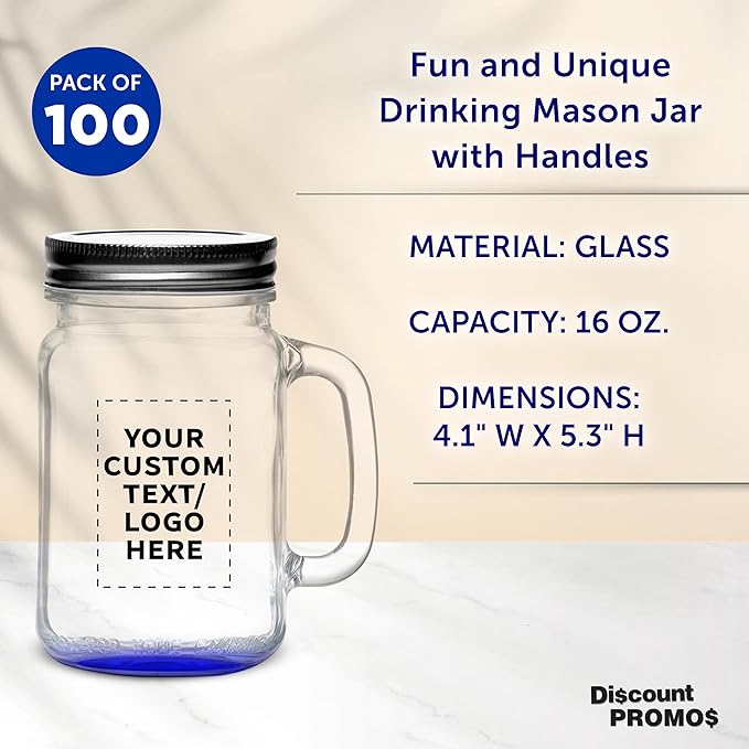 DISCOUNT PROMOS Custom Libbey Handle Mason Jars w/Lids 16 oz. Set of 100, Personalized Bulk Pack - Traditional style, High standard - Blue