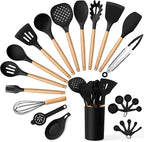 E-far Black Kitchen Utensils Set with Holder, 25-Piece Silicone Cooking Utensil Set with Wooden Handle for Nonstick Cookware, 446°F Heat Resistant Kitchen Tool Spatula Tongs Whisk, Non-toxic & Healthy