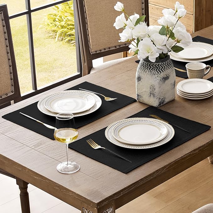 Romanstile Cloth Placemats Set of 6-12 x 18 Inch, Heat Resistant Double Layered Thickened Burlap Place Mats, Washable Faux Linen Farmhouse Table Mats for Kitchen/Dining/Party/Outdoor, Black