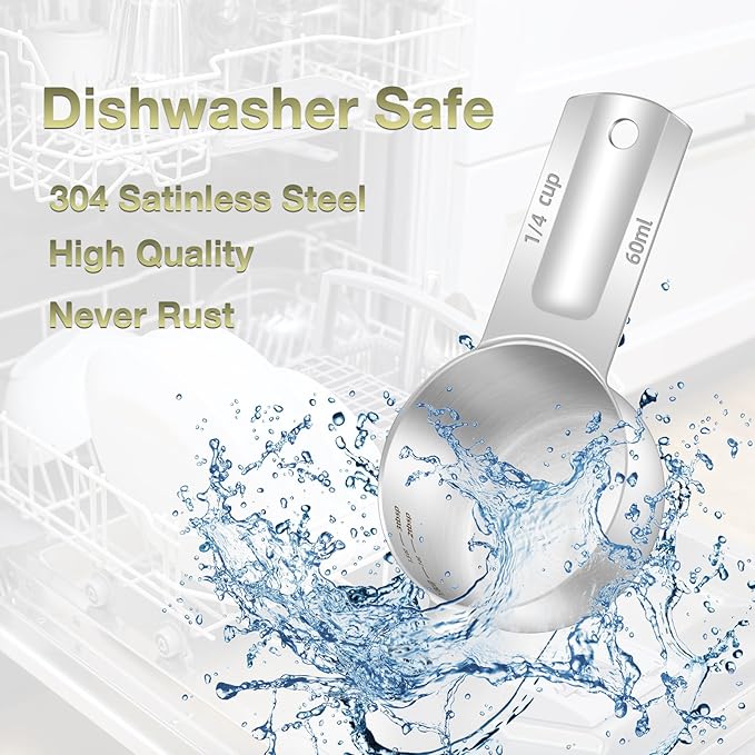 2PCS 1/4Cup (60ml, 2oz) Single Measuring Cup, Etched Inner Scale Stainless Steel Measure Scoop, Metric and US Measurement, Dishwasher Safe