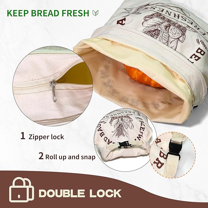 2 Pack Reusable Beeswax Bread Bags for Sourdough & Homemade Bread - XL Organic Cotton with Zipper & Snap Closure Freezer-Friendly Freshness Preservation