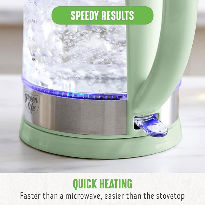 GreenLife 1.7 Liter Glass Electric Kettle, Easy One Touch Use, Quick Heating, Filtered Spout, LED Base, Auto Shut-Off, Cordless Serving, Coffee and Tea, Sage Green