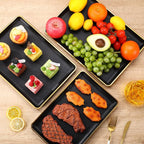 Rtteri Set of 4 Large Serving Platter Set 15/14/13/12 Inch Heavy Plastic Serving Trays Unbreakable Rectangular Platter Reusable Wood Grain Tray for Buffet Wedding Christmas Party(Black and Gold)