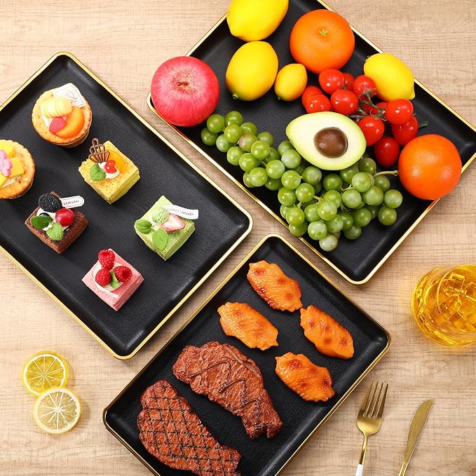 Rtteri Set of 4 Large Serving Platter Set 15/14/13/12 Inch Heavy Plastic Serving Trays Unbreakable Rectangular Platter Reusable Wood Grain Tray for Buffet Wedding Christmas Party(Black and Gold)