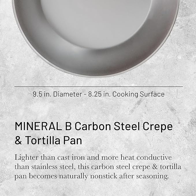 De Buyer MINERAL B Carbon Steel Crepe & Tortilla Pan - 9.5” Diameter, 8.3” Cooking Surface - Ideal for Making & Reheating Crepes, Tortillas & Pancakes - PFAS, PFOA & PFOS Free - Made in France