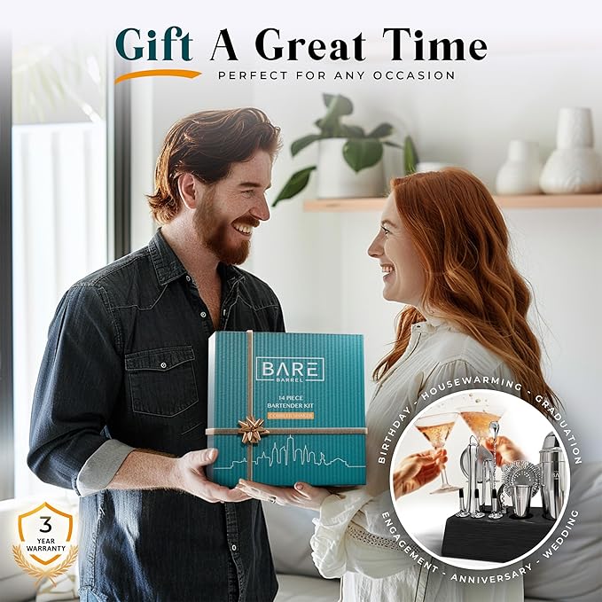 BARE BARREL® Mixology Bartender Kit Bar Set | 14-Piece Cocktail Shaker Set | Martini Barware Mixing Tools for Home Bartending | Incl. 35 Recipe Cards | Gift Set (24oz Cobbler Shaker, Silver/Black)