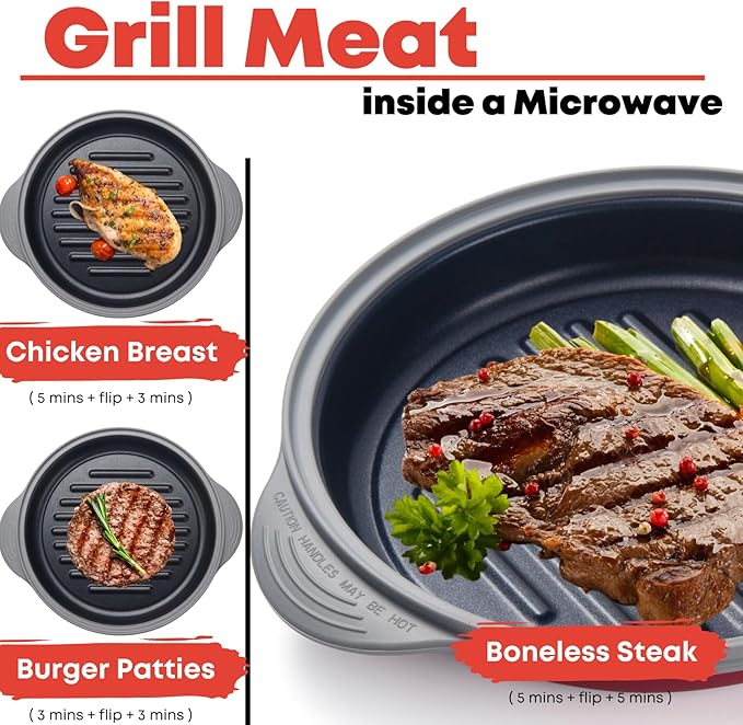 MACONEE Microwave Grill Pan | Microwave Griller, Griddle & Crisper Pan with Lid for Grilling, Browning, and Crisping Foods Microwave Cookware for Grill Meat, Sandwich & Vegetable inside a Microwave