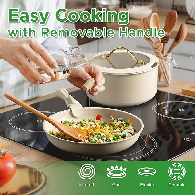 20pcs Ceramic Cookware Set Nonstick, Detachable Handle Pots and Pans Set, RV Kitchen Set Removable Handle for Cooking, Non Toxic, No PFAS & PTFE & PFOA, Dishwasher/Oven Safe, Cream White