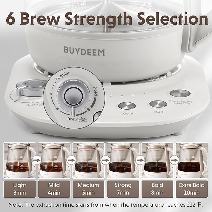 BUYDEEM K156 Tea Maker, Electric Kettle for Coffee and Tea Brewer, 6 Brew Strength Selection for Extracting, 4 Temperature Settings, Boil Dry Protection, 2 Hours Auto Keep Warm, Oat White, 1.5L/1.6QT