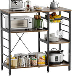 Baker’s Rack, Microwave Oven Stand with Bamboo Frame, 35.43" Coffee Bar with Wire Basket & 6 Hooks, 3-Tier Kitchen Storage Shelf Stand for Kitchen, Living Room, Office, Rustic Brown